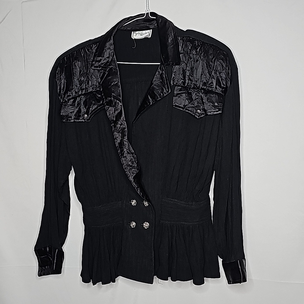 Jon Wesley pleated black formal chiffon button closure elegant blouse top sz Lg
